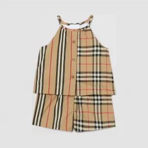 博百利/Burberry Vintage 格纹拼标志性条纹棉质连身衣  P80263511