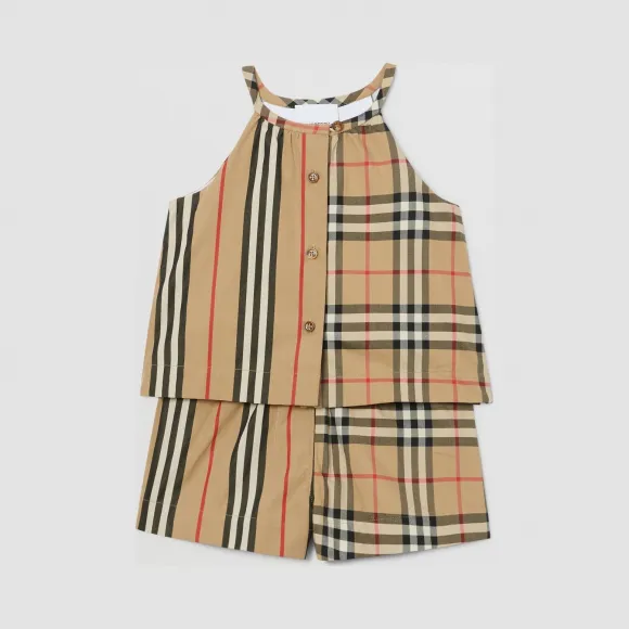 博百利/Burberry Vintage 格纹拼标志性条纹棉质连身衣  P80263511