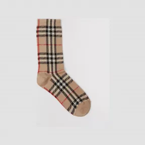 博百利/Burberry Vintage 格纹嵌花棉毛混纺短袜 (典藏米色) 80419071