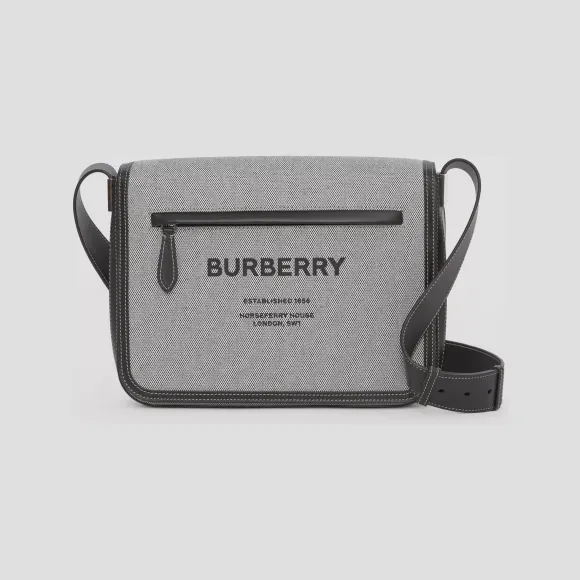 博百利/Burberry 小号 Horseferry 印花棉质帆布信使包 (黑色) - 男士 80420361