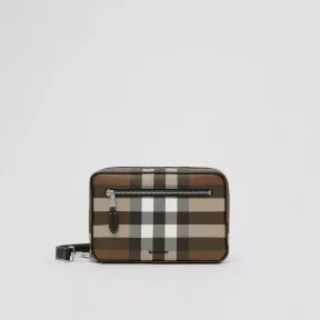 博百利/Burberry 格纹拼皮革拉链收纳袋 (深桦木棕) - 男士 80492151