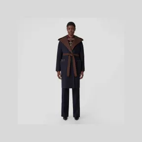 博百利/Burberry 专属标识装饰羊毛混纺围裹式连帽大衣 (深炭蓝色) 80563341