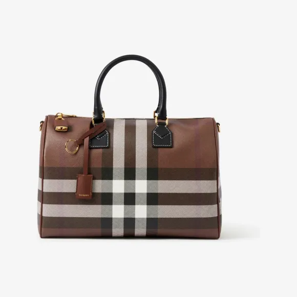 博百利/Burberry 格纹中号保龄球包 (深桦木棕) - 女士 80696621