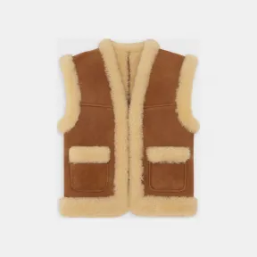 思琳/Celine 女士 剪羊毛民俗背心 - 烟草 / 奶油色 2O074269F.18CM