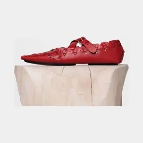 思琳/Celine  Folk红色十字交叉饰带镂空小牛皮便鞋 318443CANC.27ED