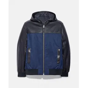 蔻驰/Coach 拼接皮革连帽卫衣 C5756-BK-NV-XL