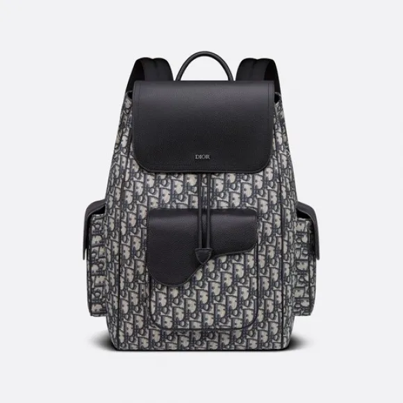 迪奥/Dior 马鞍双肩背包 米色和黑色 Oblique 印花与黑色粒面牛皮革 1ADBA161YKS_H27E_TU