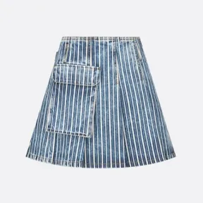 迪奥/Dior 裹身式迷你裙 蓝色棉质牛仔布褪色效果条纹图案 242J25A3512_X5590_T34