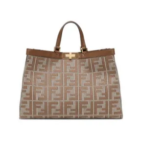 芬迪/Fendi X-Tote - FF刺绣图案棕色千鸟格纹羊毛手提袋 8BH374AKRZF1IRG