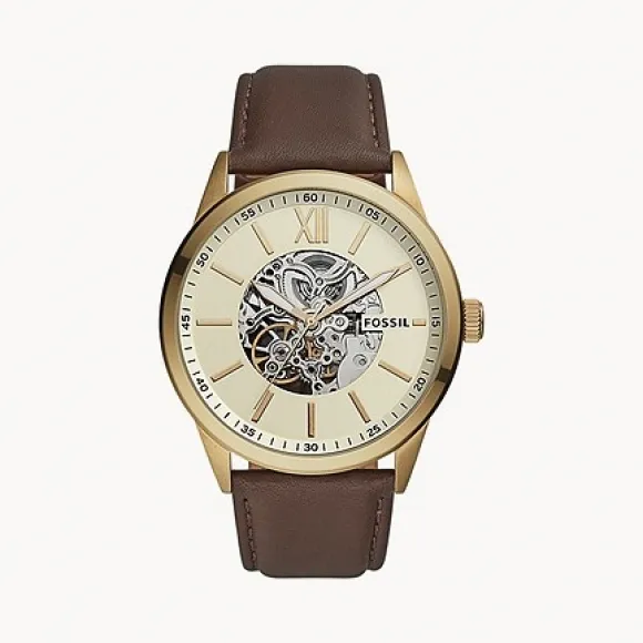 化石/Fossil 48MM Flynn Automatic Brown Leather Watch BQ2382