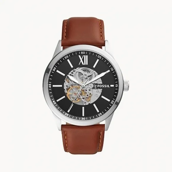 化石/Fossil 48MM Flynn Automatic Brown Leather Watch BQ2386