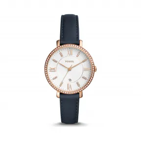 化石/Fossil Jacqueline 三指针日期显示海军蓝真皮表带腕表 ES4291