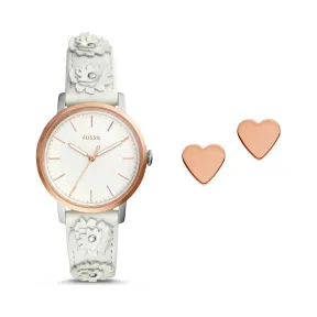 化石/Fossil Neely 三指针白色真皮腕表和首饰套装 ES4383SET
