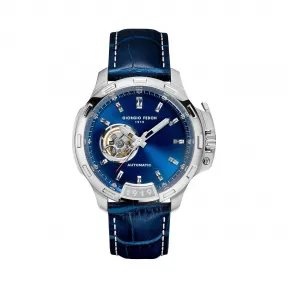 乔治菲登GF1919手表男收藏家系列自动机械表防水镂空大表盘 蓝盘银壳蓝色皮带 GFBG009