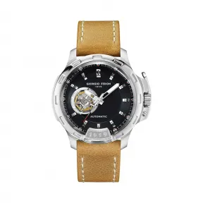 乔治菲登GF1919手表男 自动机械表植鞣表带防水镂空大表盘 皮带黑盘GFBG013