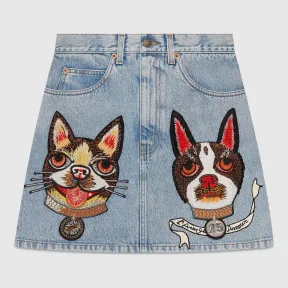 古驰/Gucci 饰波士顿梗犬Orso和Bosco刺绣贴花牛仔短裙 467267 XRA38 4048