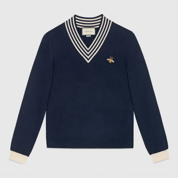古驰/Gucci 蜜蜂图案V领羊毛针织上衣 496442 X9I00 4650