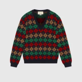古驰/Gucci 菱纹羊驼毛 V 领毛衣 585432 XKAXT 4206