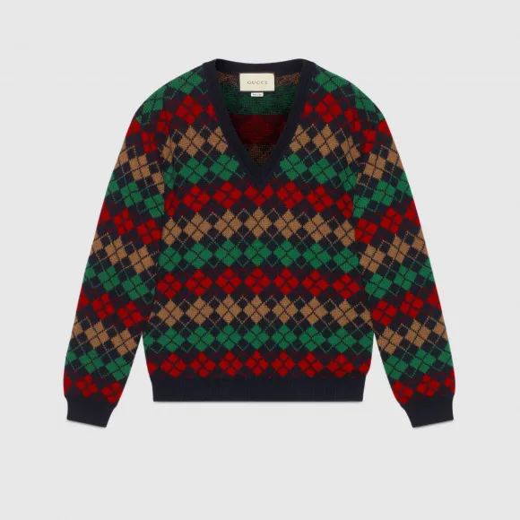 古驰/Gucci 菱纹羊驼毛 V 领毛衣 585432 XKAXT 4206