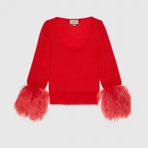 古驰/Gucci 饰羽毛真丝马海毛毛衣 红色 女士 670624-XKB1V-6429