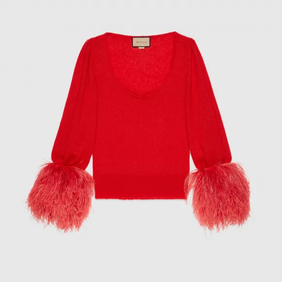 古驰/Gucci 饰羽毛真丝马海毛毛衣 红色 女士 670624-XKB1V-6429