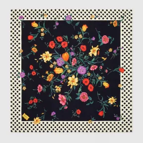 古驰/Gucci 花卉和波点印花真丝围巾 深蓝色和象牙白色  681753-3G001-4078