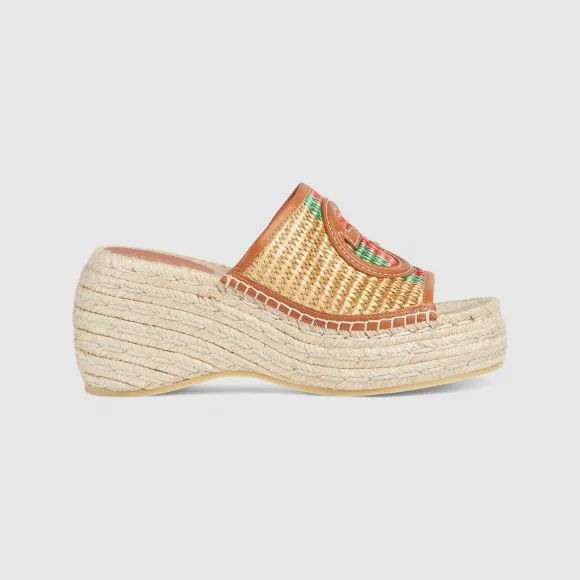 古驰/Gucci 天然酒椰纤维女士互扣式双G绳底鞋 749774-FAB17-8651