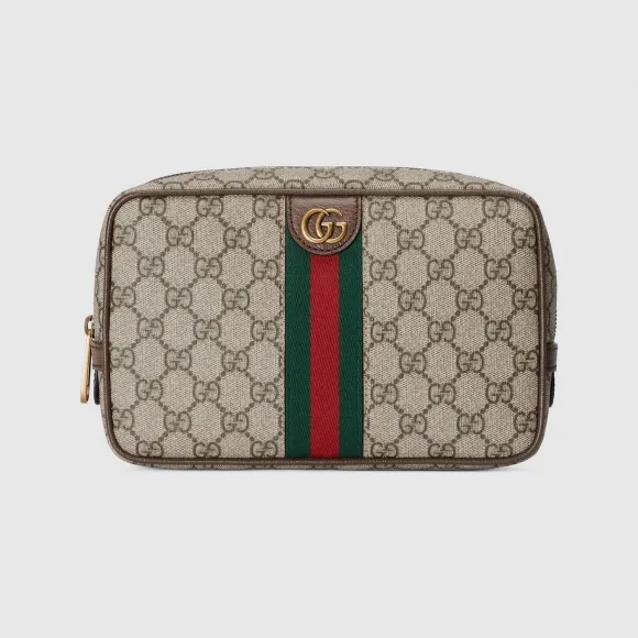 古驰/Gucci 米色和乌木色GG Supreme帆布Gucci Savoy系列饰织带洗漱包 760019-96IWT-8745