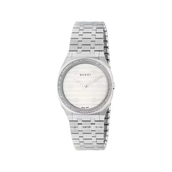 古驰/Gucci 25H Quartz Diamond Silver Dial Ladies Watch YA163503