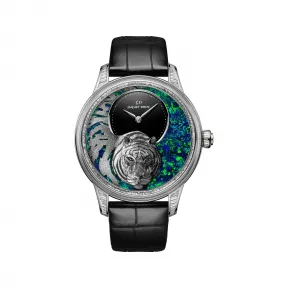 雅克德罗/Jaquet Droz 金雕虎时分小针盘（Relief Tiger） 41 MM 18K白金表壳镶嵌144颗长阶梯形切割钻石 (2.06克拉). 表冠镶嵌一颗钻石 (0.09克拉). 自动机械机芯 男表 J005024288