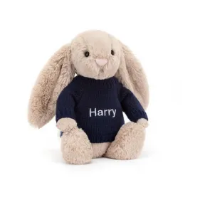 邦尼兔/Jellycat Bashful Beige Bunny with Personalised Navy Jumper JUMPNBAS3B