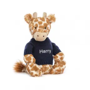 邦尼兔/Jellycat Bashful Giraffe with Personalised Navy Jumper JUMPNBAS3GN