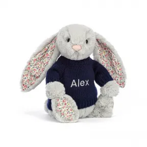 邦尼兔/Jellycat Blossom Silver Bunny with Personalised Navy Jumper JUMPNBL3BSN
