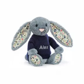 邦尼兔/Jellycat Blossom Dusky Blue Bunny with Personalised Navy Jumper JUMPNBL3DUSK