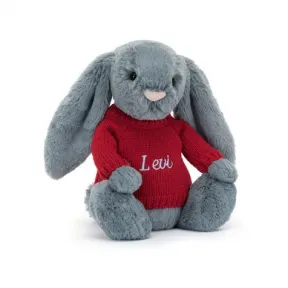 邦尼兔/Jellycat Bashful Dusky Blue Bunny with Personalised Red Jumper JUMPRBAS3DUSKB