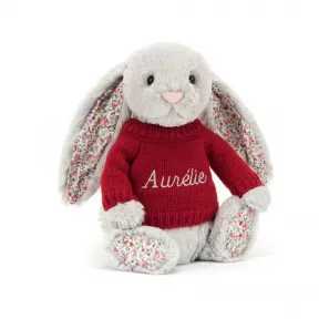 邦尼兔/Jellycat Blossom Silver Bunny with Personalised Red Jumper JUMPRBL3BSN