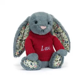 邦尼兔/Jellycat Blossom Dusky Blue Bunny with Personalised Red Jumper JUMPRBL3DUSK