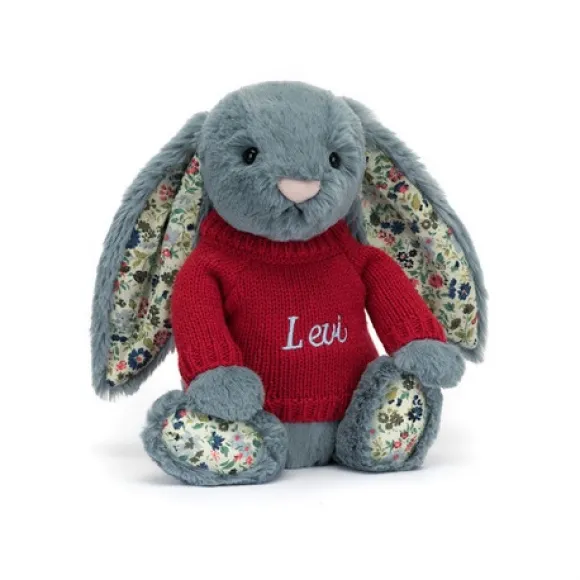 邦尼兔/Jellycat Blossom Dusky Blue Bunny with Personalised Red Jumper JUMPRBL3DUSK