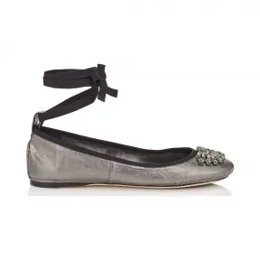 Jimmychoo/吉米周 无烟煤金属纳帕和罗缎缎带芭蕾舞鞋 GRACEFLATING100017