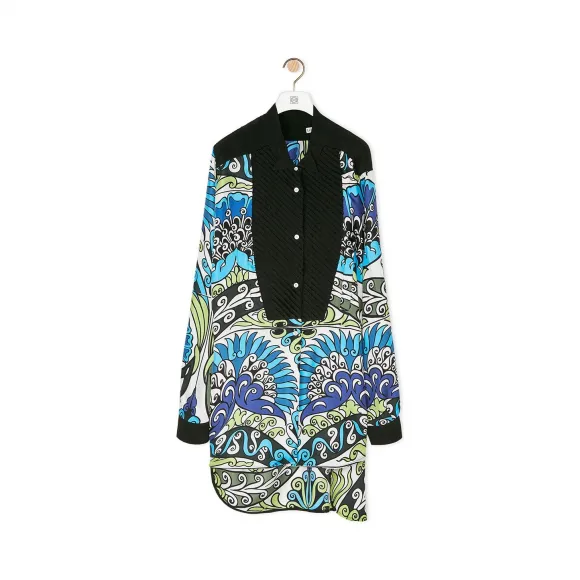 罗意威/Loewe Asymmetric Silk Print Shirt FlowersBlue/Green/Black S2109780AK