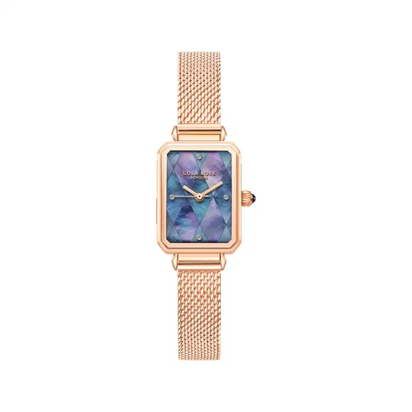 罗拉玫瑰/Lolarose Ms. Lola系列玫金色米兰尼斯钢带菱格拼接黑蝶贝腕表 LR4180