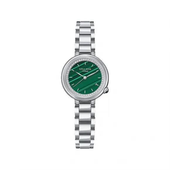 罗拉玫瑰/Lolarose Tea-time系列镶锆石白金色三珠钢带孔雀石腕表 LR4303