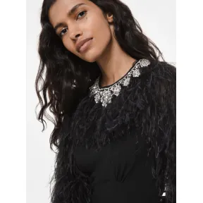 迈克高仕/Michael Kors 羽毛和水晶刺绣真丝乔其纱荷叶边礼服 419RKN552F-0001