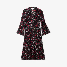 迈克高仕/Michael Kors  黑色/猩红色 印花雪纺长裙