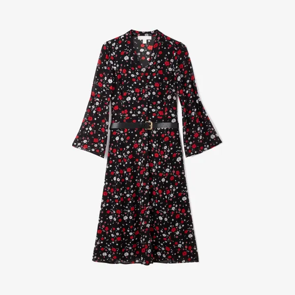 迈克高仕/Michael Kors  黑色/猩红色 印花雪纺长裙