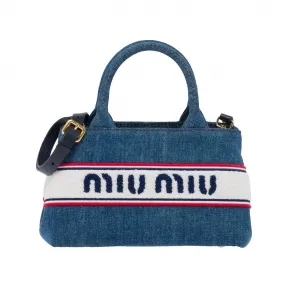 缪缪/Miu Miu 徽标刺绣牛仔手提包 5BA253-2F8R-F0008