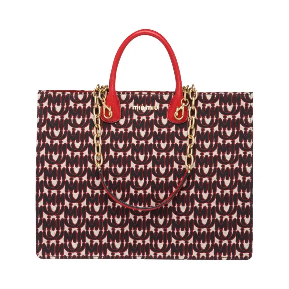 缪缪/Miu Miu 提花和皮革托特包 5BG154_2CAG_F068Z