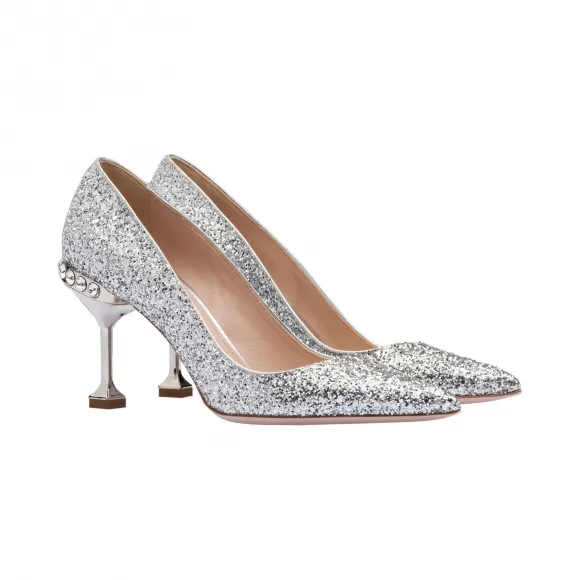 缪缪/Miu Miu 仿水晶装饰闪粉织物高跟鞋 5I991B_ME6_F0118