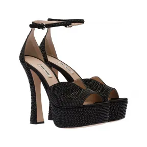 缪缪/Miu Miu 黑色 仿水晶装饰缎面厚底凉鞋 5XP891-049-F0002