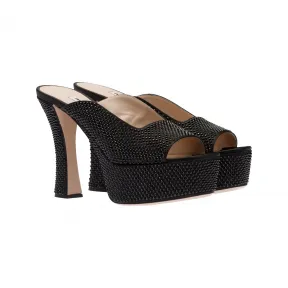 缪缪/Miu Miu 黑色 仿水晶装饰缎面厚底凉鞋 5XX575-049-F0002